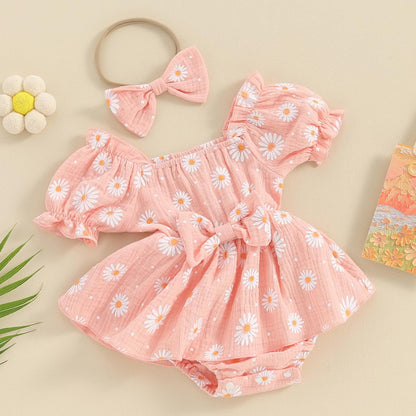 Baby Girls Daisy Romper Bowknot Bodysuit+Headband Short Sleeve Playsuits Floral Jumpsuit Infant Summer Clothes