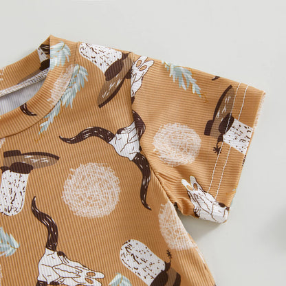 Gueuusu Country Baby Clothes Boy Girl Western Cow Print Short Sleeve Romper Bodysuit Ribbed One Piece Jumpsuit Summer Outfit