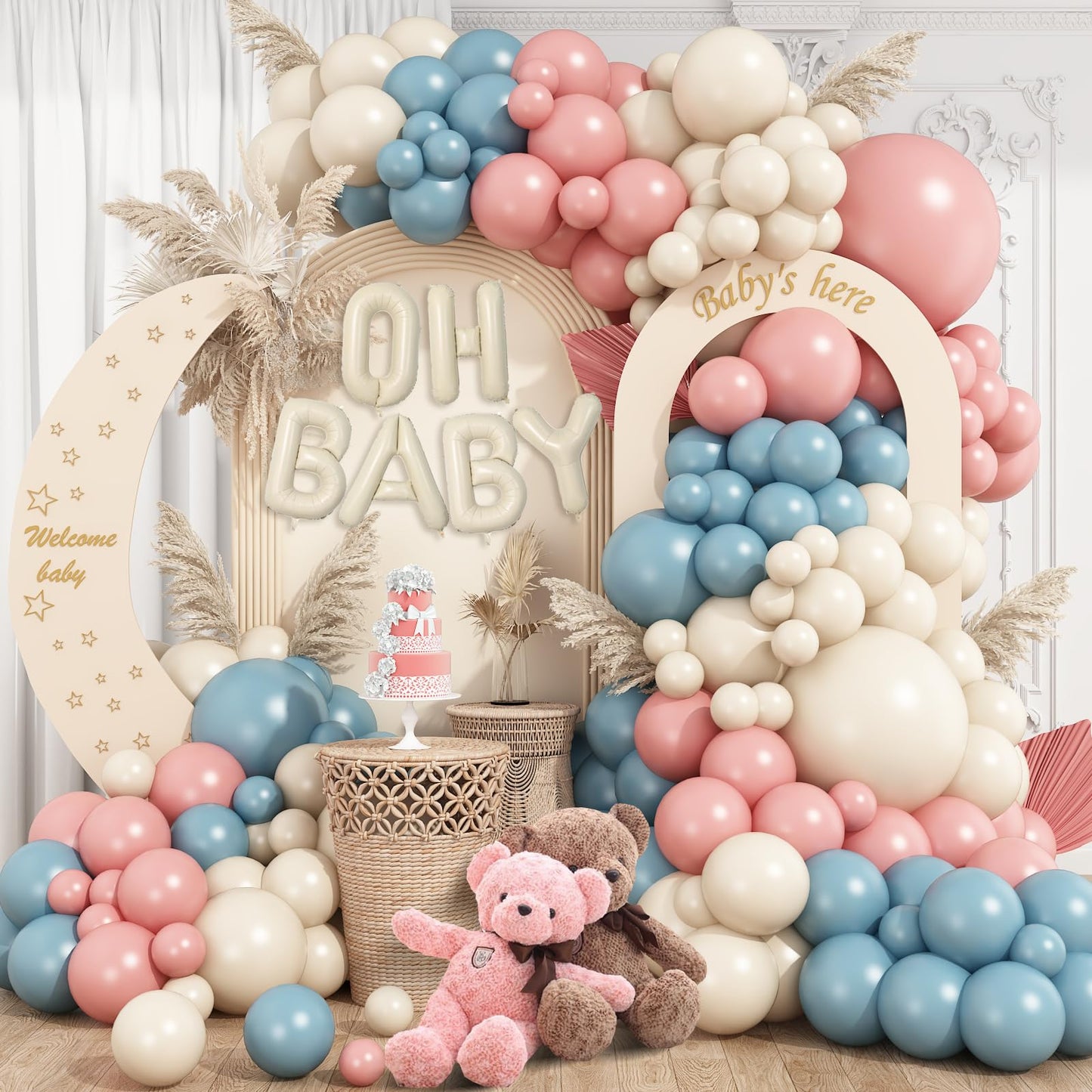 Sage Green Baby Shower Decorations,Boho Greency Neutral Balloon Arch with Oh Baby Balloon Banner Green Gold Balloons For Boy Girl Woodland Baby Shower Birthday Party Supplies