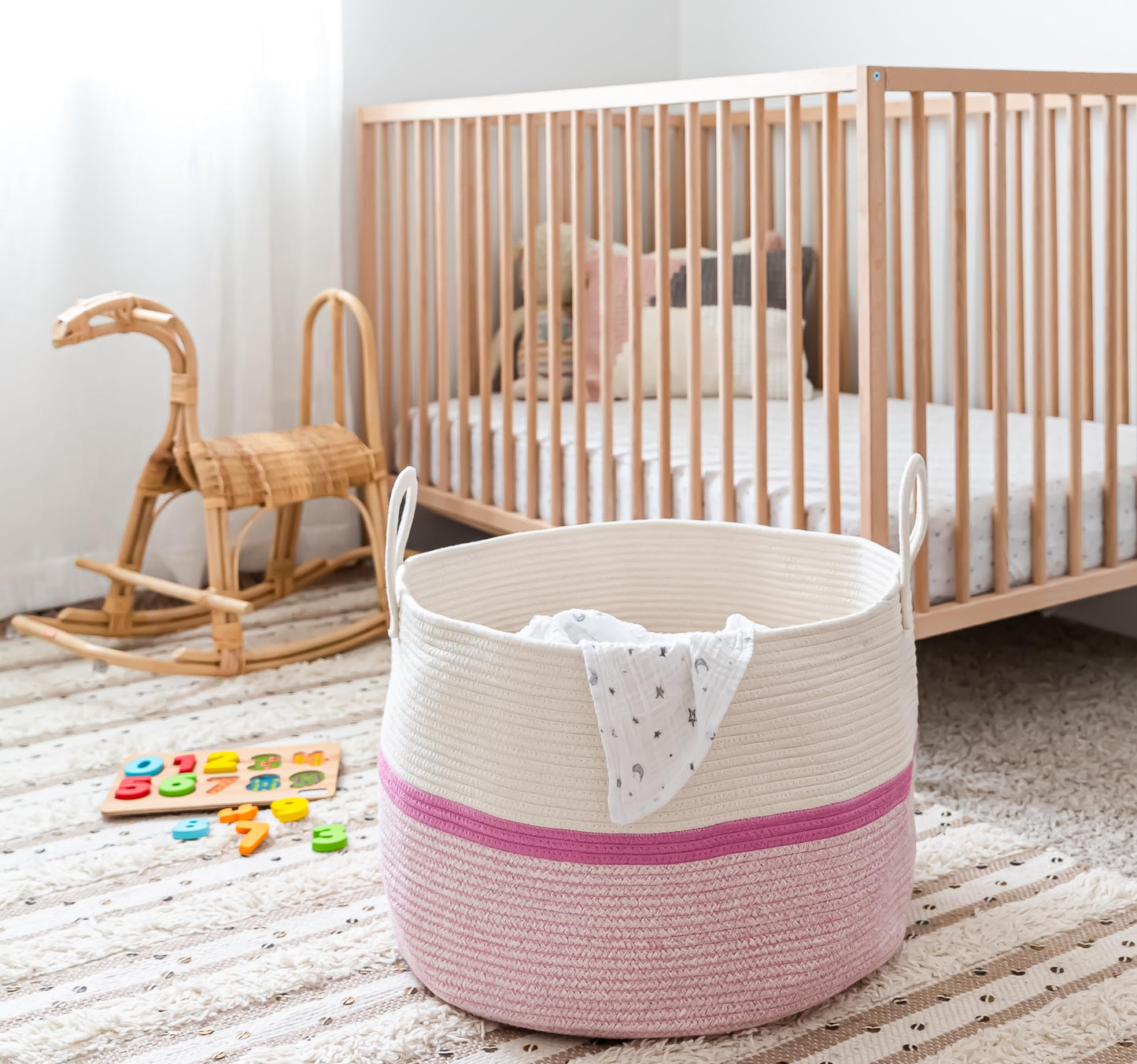 OrganiHaus Large Blanket Basket for Living Room 20x13, Rainbow Rope Basket for Classroom Organization, Toy Storage Basket, Woven Kids Laundry Basket, Baby Toy Box, Cute Storage Basket, Nursery Hamper