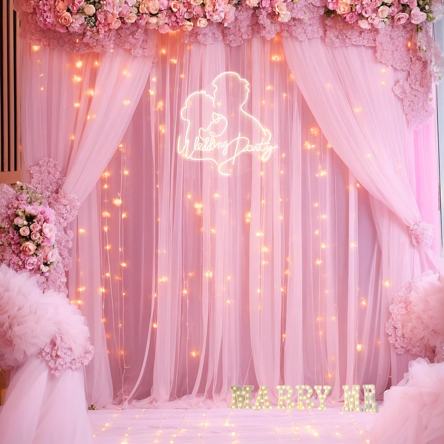 White Tulle Backdrop Curtain with Lights String for Parites 10×8ft Sheer Backdrop Curtains White Curtain Backdrop for Wedding Baby Shower Birthday Party Photo Shoot Decorations(2 Panels 10ft×8ft)