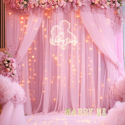 White Tulle Backdrop Curtain with Lights String for Parites 10×8ft Sheer Backdrop Curtains White Curtain Backdrop for Wedding Baby Shower Birthday Party Photo Shoot Decorations(2 Panels 10ft×8ft)