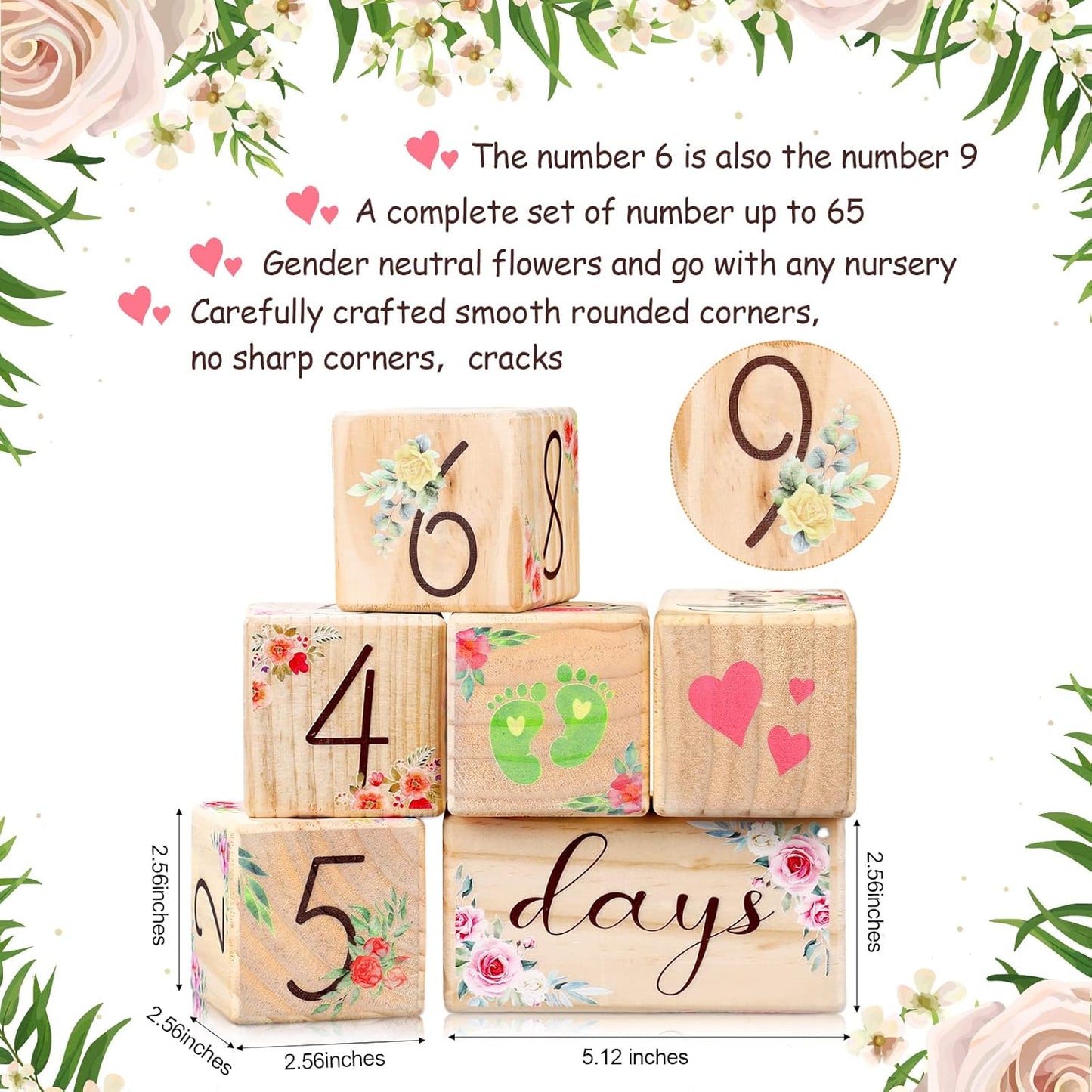 Sintuff 6 Pcs Baby Monthly Milestone Blocks Set Flower Natural Wooden Newborn Age Blocks with Week Month Year Grade Day Baby Age Photo Props for Girls Boys Shower Birthday Gift Decor