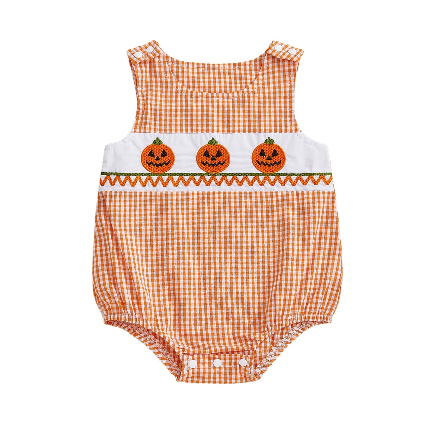 Baby Girl Pumpkin Embroidery Jumpsuit Halloween Sleeveless Round Neck Plaid Tank Romper