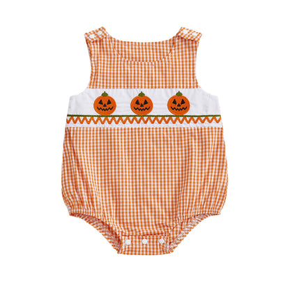 Baby Girl Pumpkin Embroidery Jumpsuit Halloween Sleeveless Round Neck Plaid Tank Romper