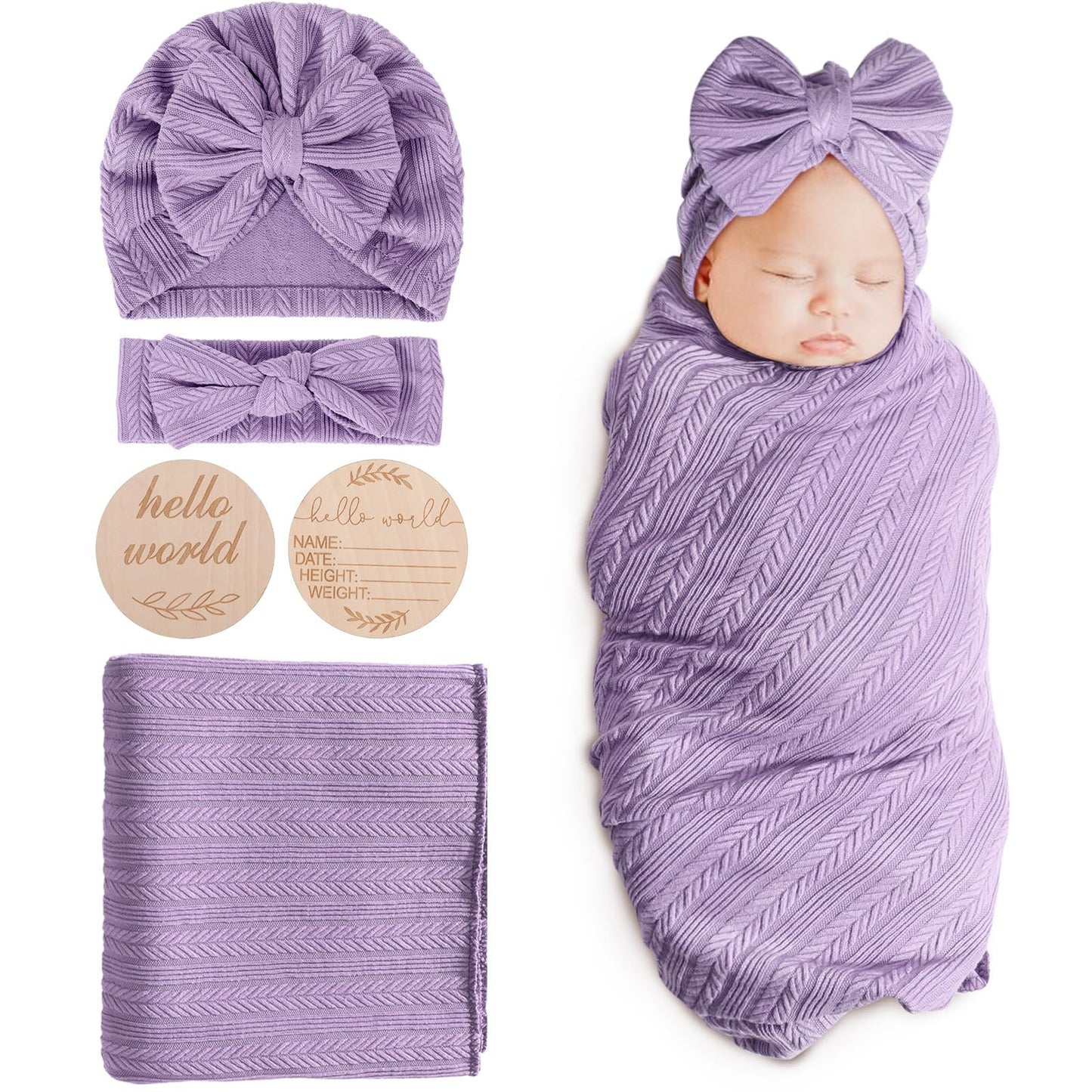 DRESHOW BQUBO Baby Swaddle Blankets for Girls, 4PCS Newborn Accessories Set with Matching Hat and Bow Headband with Card