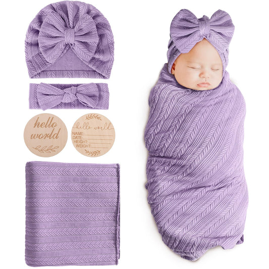 DRESHOW BQUBO Baby Swaddle Blankets for Girls, 4PCS Newborn Accessories Set with Matching Hat and Bow Headband with Card