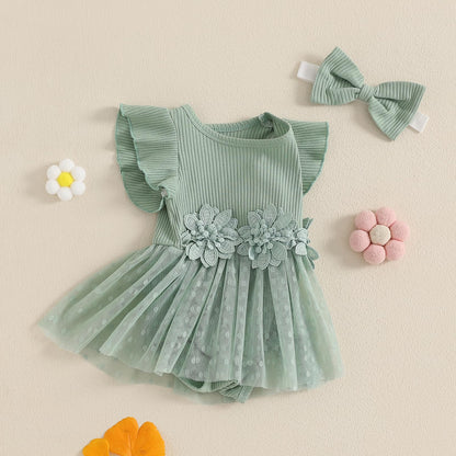 Hnyenmcko Newborn Baby Girl Summer Romper Dress Infant Fly Sleeve Flower Embroidery Mesh Tulle Skirt Hem Ribbed Bodysuit