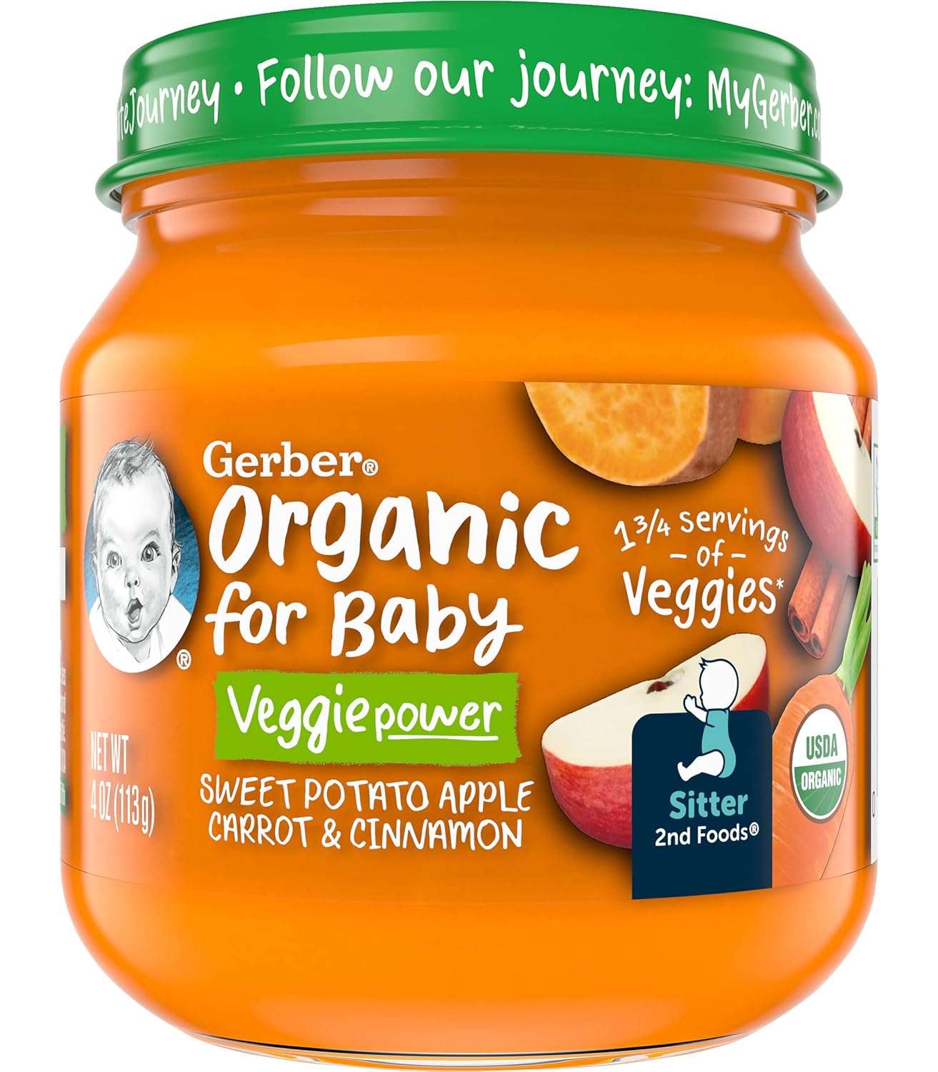 Gerber Organic for Baby 2nd Foods Veggie Power Baby Food Jar (Sweet Potato Apple Carrot & Cinnamon, Pack of 6)