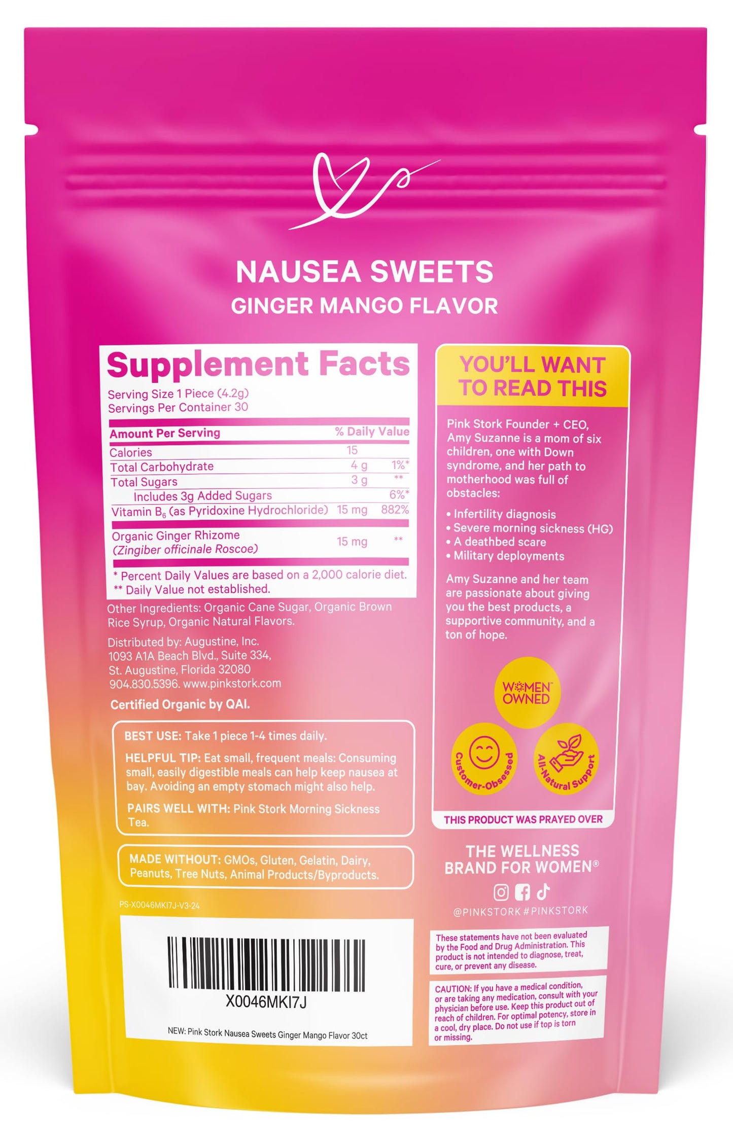 Pink Stork Organic Peppermint Sweets for Morning Sickness and Motion Sickness Support, Added Vitamin B6, 1st Trimester Pregnancy Must Haves - 30 Wrapped Peppermint Candies