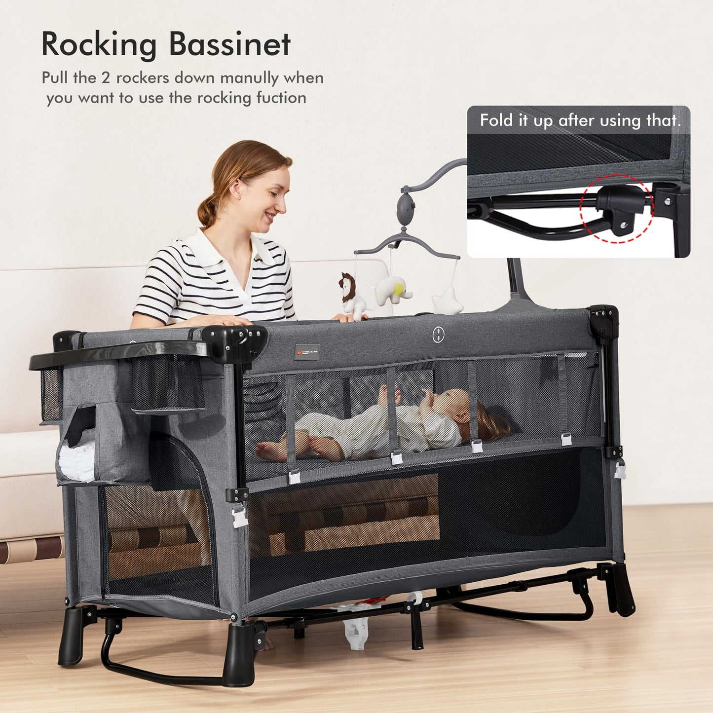 ANGELBLISS 5 in 1 Baby Bassinet, Bedside Crib & Playpen, Pack and Play Bassinet with Diaper Changer and Removable Rocker, Easy Folding Portable Crib with Mobile, Sheet & Mattress (Grey)