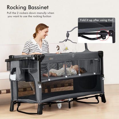 ANGELBLISS 5 in 1 Baby Bassinet, Bedside Crib & Playpen, Pack and Play Bassinet with Diaper Changer and Removable Rocker, Easy Folding Portable Crib with Mobile, Sheet & Mattress (Grey)