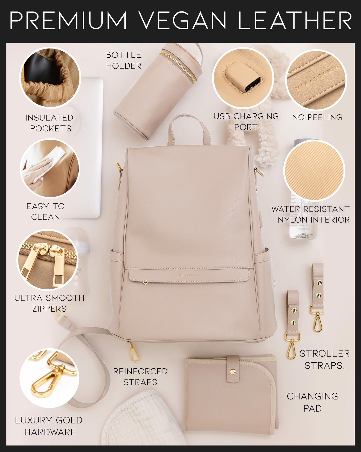 Leather Diaper Bag Backpack with USB Charging port, Changing Pad, Stroller Straps, and Bottle Holder (Brown Olivia)