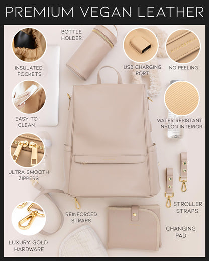 Leather Diaper Bag Backpack with USB Charging port, Changing Pad, Stroller Straps, and Bottle Holder (Brown Olivia)
