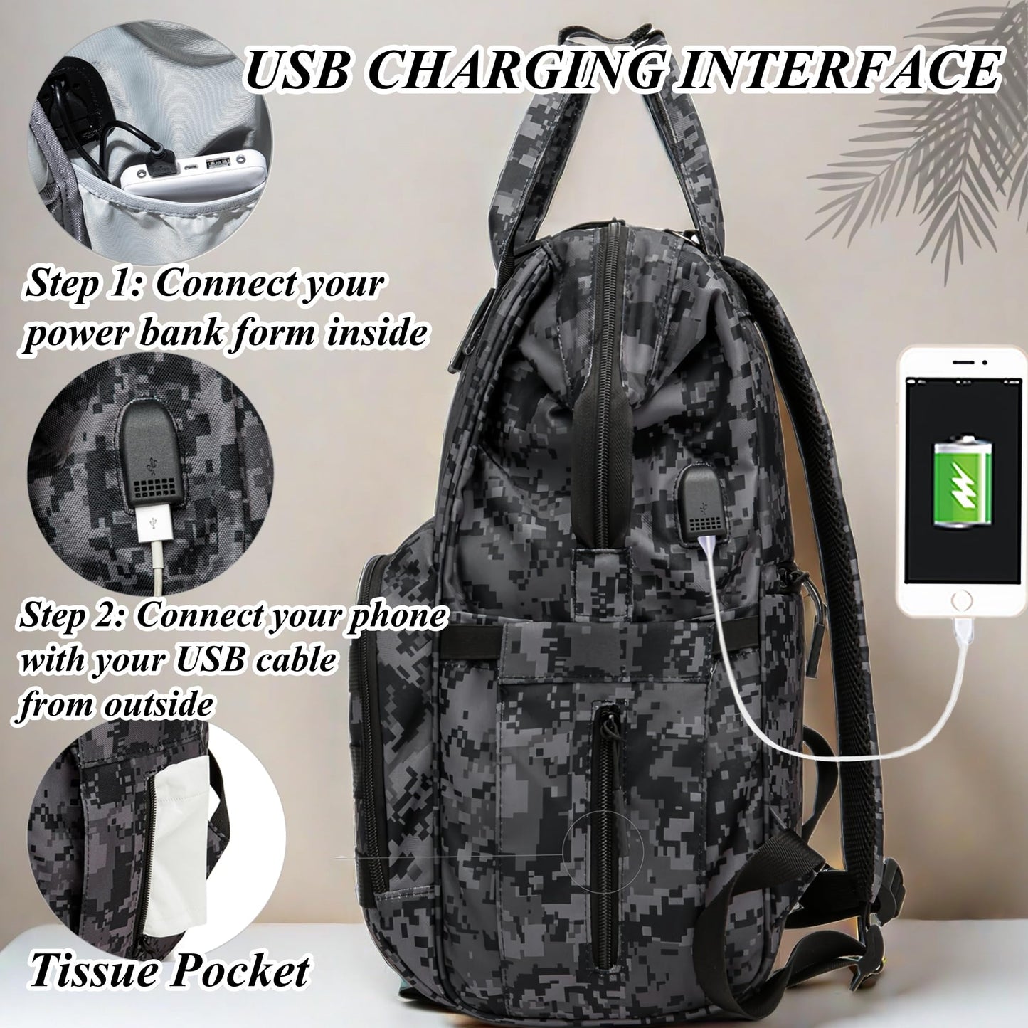 Diaper Bag Backpack for Dad and Mom with USB Charging Port Stroller Straps and Insulated Pocket,army military Travel Nappy Backpack for Daddy/Mommy (Black)