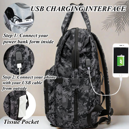 Diaper Bag Backpack for Dad and Mom with USB Charging Port Stroller Straps and Insulated Pocket,army military Travel Nappy Backpack for Daddy/Mommy (Black)
