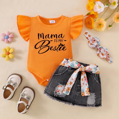 Baby Girl Clothes Newborn Romper Ruffle Sleeve Short Jeans Skirt with Headband Infant Outfits Set 0-18 Months
