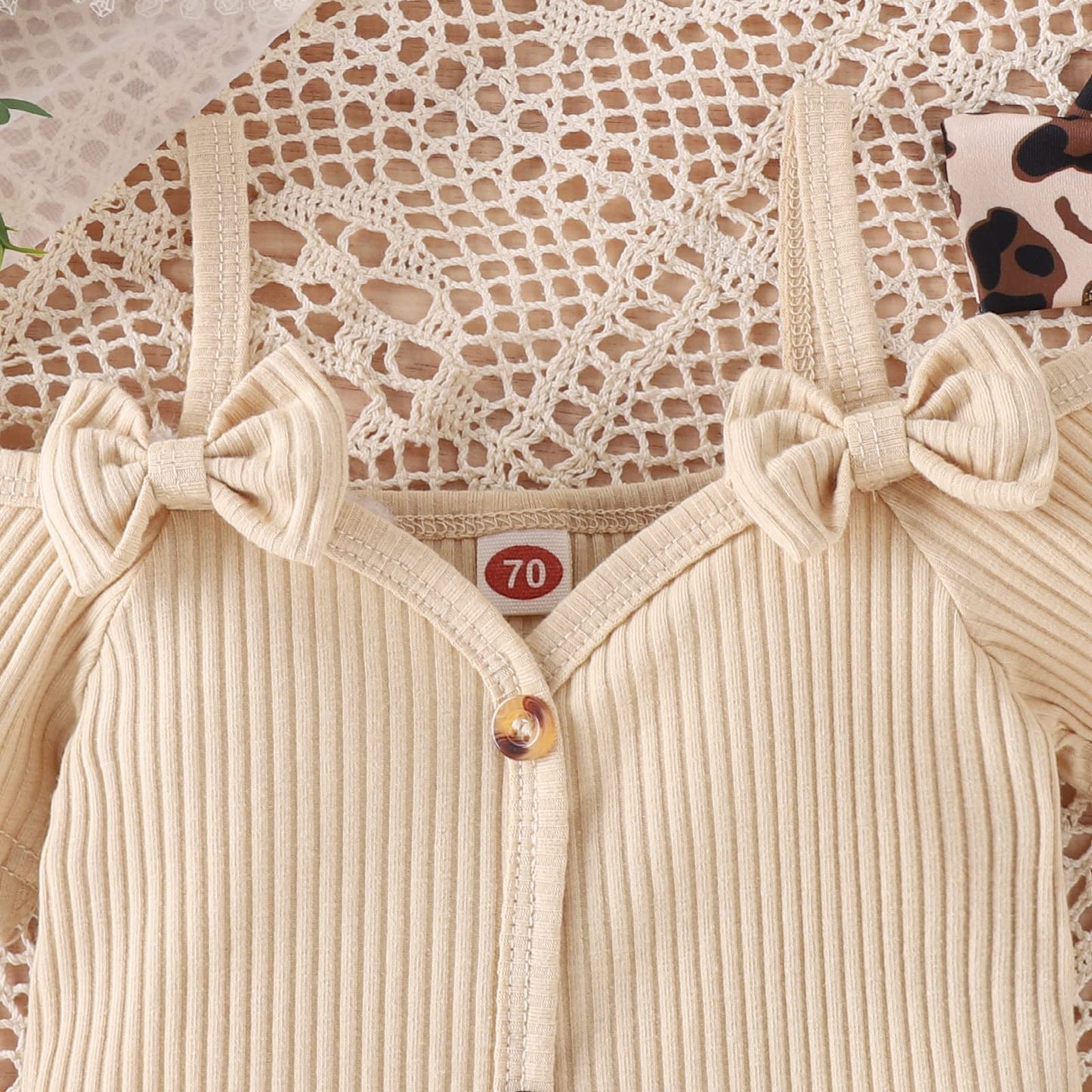 Fernvia Infant Baby Girl Clothes Suspenders Short Sleeve Ribbed Romper Flared Pants Set Headband 3pcs Summer Outfit