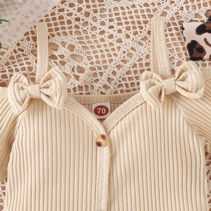 Fernvia Infant Baby Girl Clothes Suspenders Short Sleeve Ribbed Romper Flared Pants Set Headband 3pcs Summer Outfit