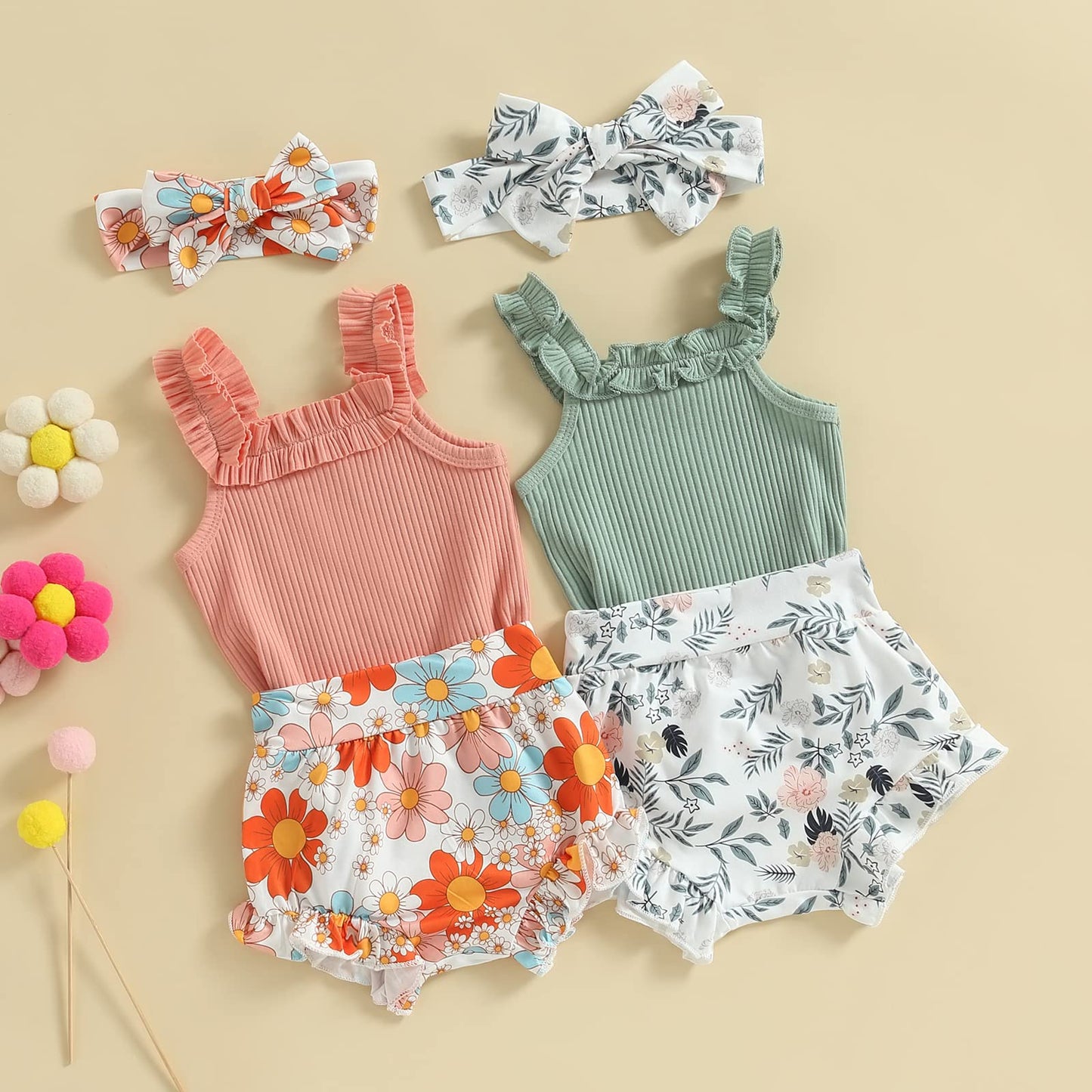 Murnouche Newborn Baby Girl Summer Clothes Sleeveless Floral Top Ribbed Shorts Boho Outfit Set