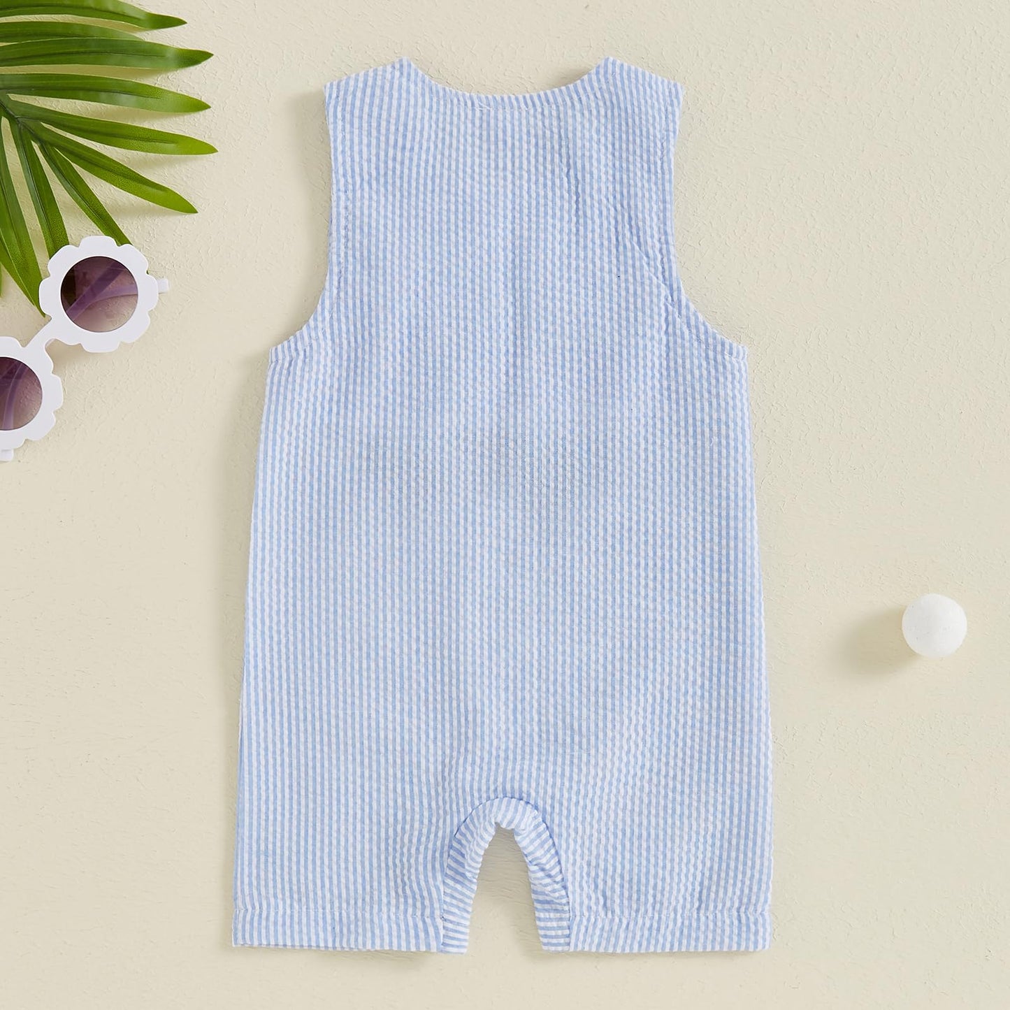 Baby Boy Summer Clothes Sleeveless Embroidery Dinosaur Striped Retro Romper Jumpsuit Smocked Shortall