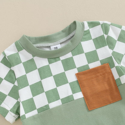 Toddler Baby Boy Summer Clothes Set Short Sleeve Checkered Tops & Shorts Novelty Color Block Outfits