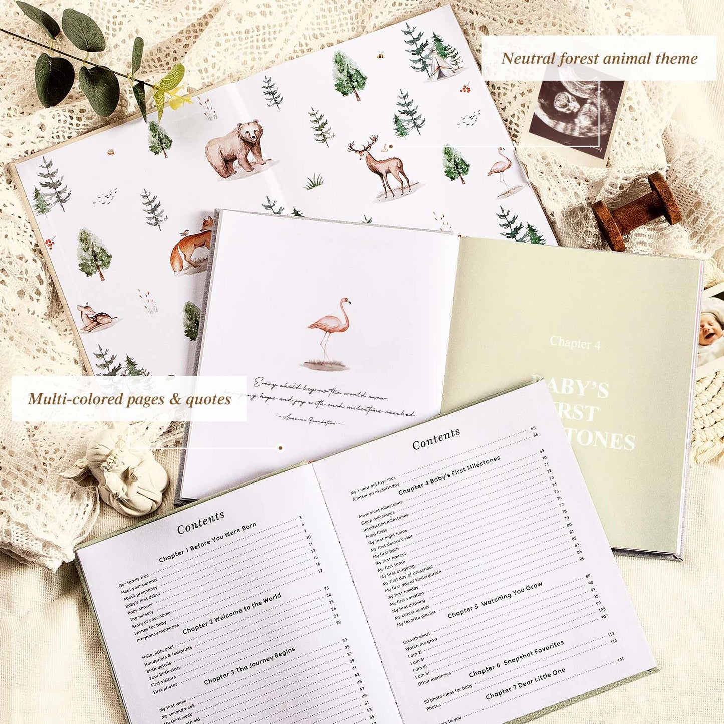 Lanpn Baby Memory Book - Linen Baby Book Journal Memories Keepsake - The Story of You - Newborn Baby First 5 Year Scrapbook Photo Book Milestone Album for Boy Girl New Parents (Sage Green, 154 Pages)