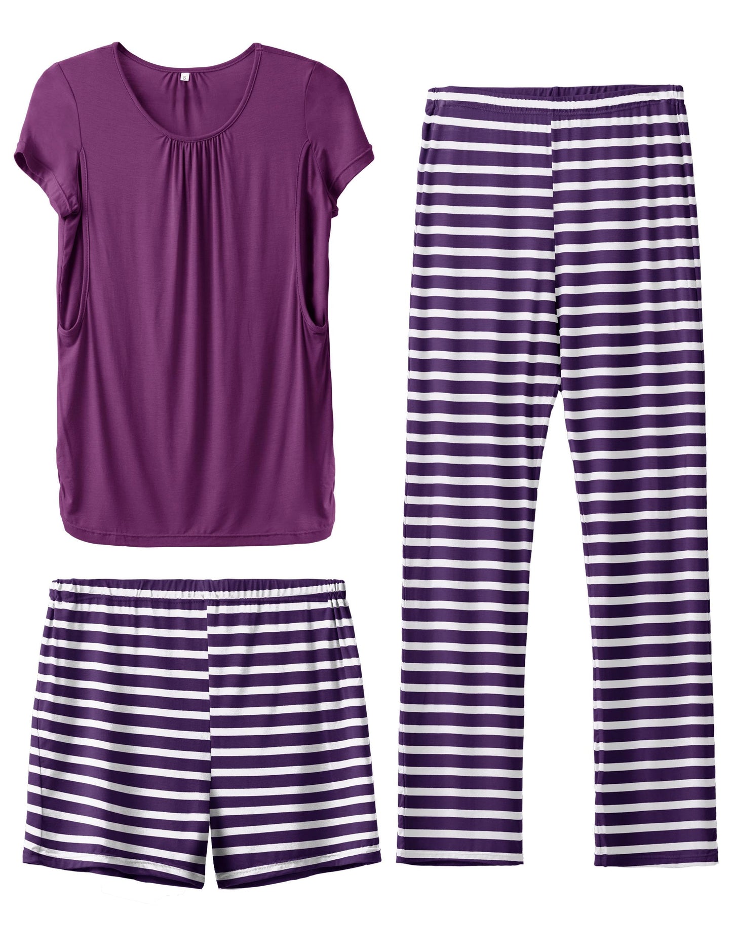 SUNNYBUY Womens Maternity Nursing Pajamas Set, Short Sleeve Breastfeeding Shirts，Pregnancy Shorts & Pants 3 Piece Nursing PJS