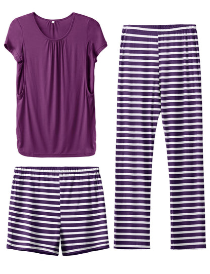 SUNNYBUY Womens Maternity Nursing Pajamas Set, Short Sleeve Breastfeeding Shirts，Pregnancy Shorts & Pants 3 Piece Nursing PJS