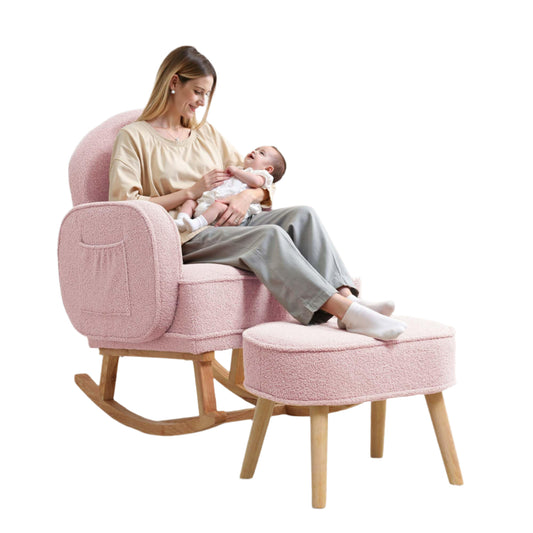 Rocking Chair with Ottoman, Upholstered Glider Rocker with High Backrest and Side Pocket, Rocking Accent Armchair with Solid Wood Legs for Nursery, Living Room, Bedroom Green