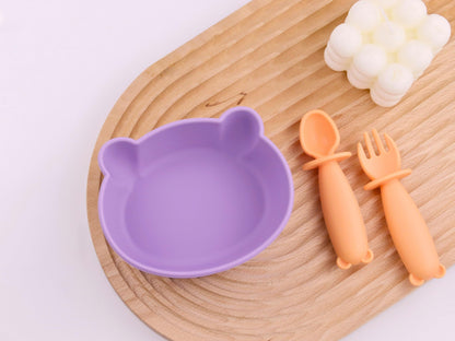 Bear Silicone Baby Bowl Suction Baby Spoon and Fork for Babies 6 months+ Suction Bowls for Baby Utensils 6-12M+ BLW Essentials (Peach Lilac)