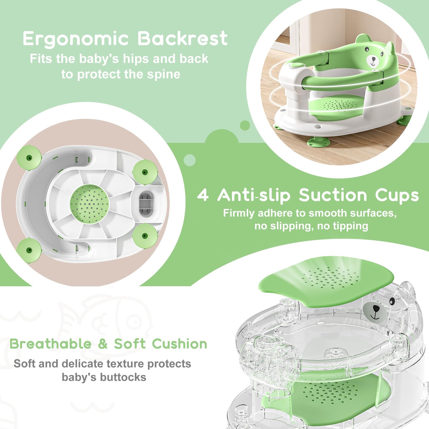 Baby Bath Seat for Babies 6 Months & Up, Toddler Bath Seats for Babies Sitting Up, Non-Slip Infant Bath Tub Chair with 4 Suction Cups & Soft Cushion for Shower, Compact Toddler Bathtub Seat, Pink