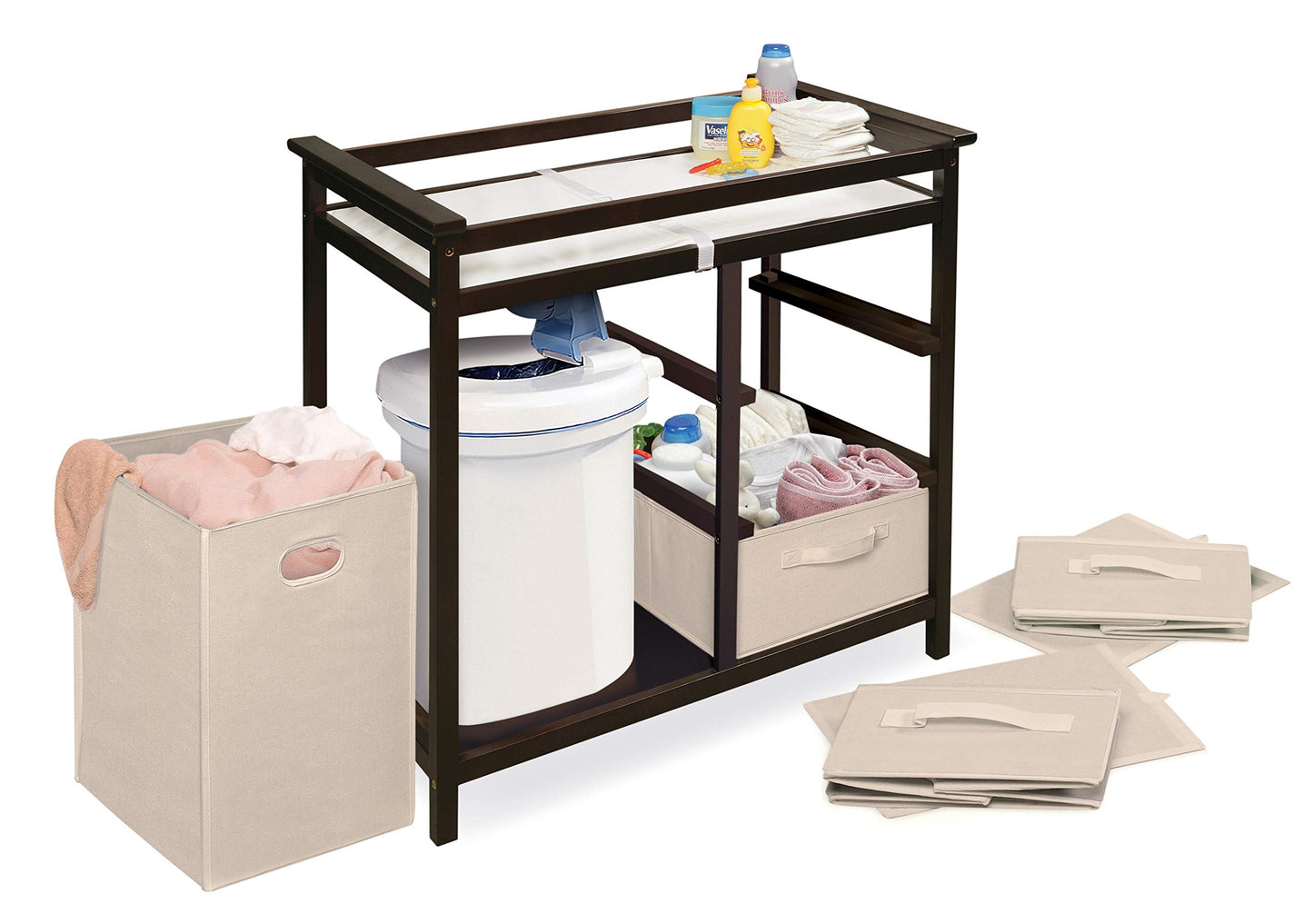 Badger Basket Modern Baby Changing Table - Portable Diaper Station with 3 Drawers Pad & Hamper - Storage Organizer for Baby Clothes, Diapers & Toys - Fresh White/White (34.25 x 20.75 x 34.5)