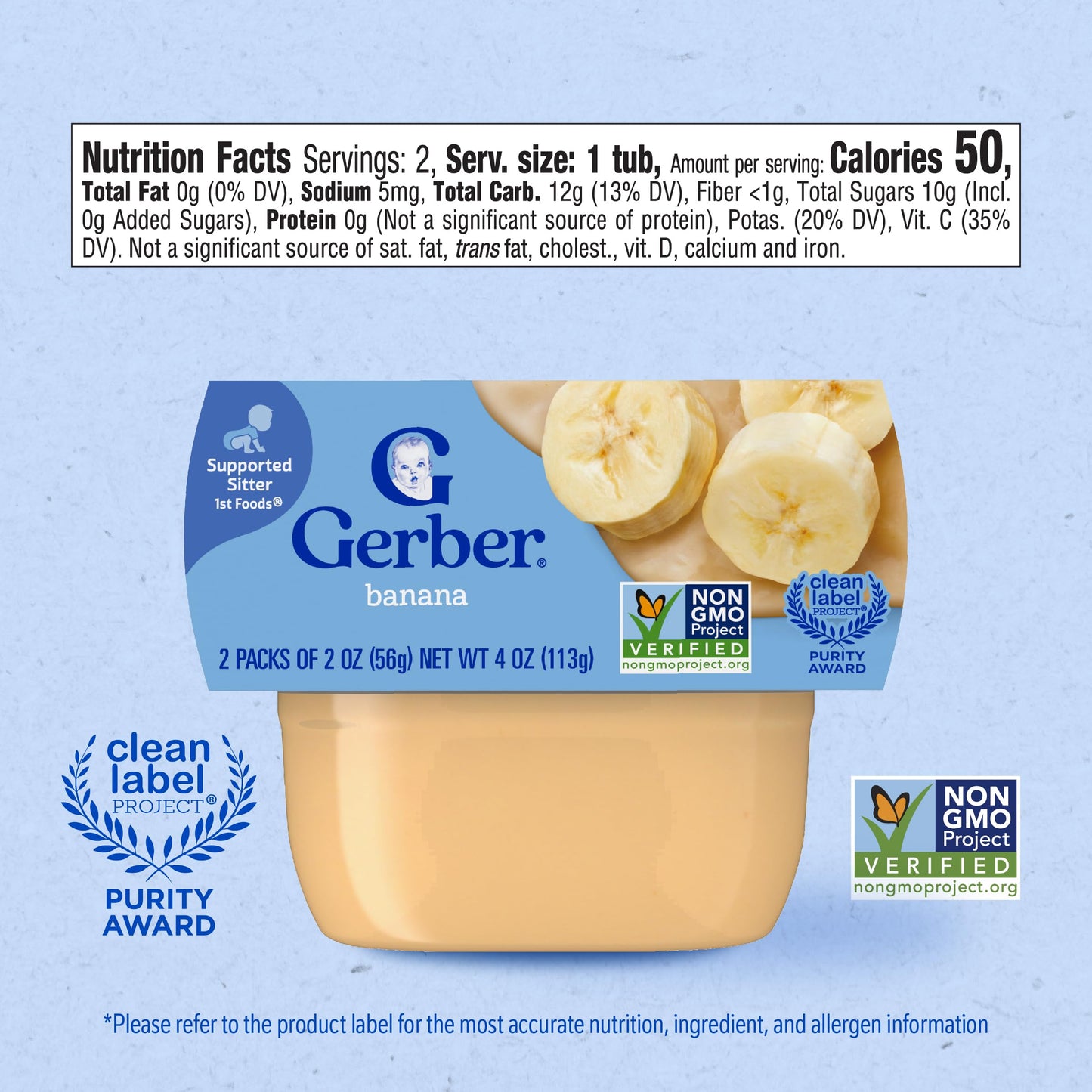 Gerber 1st Foods Baby Food Banana Puree, Natural & Non-GMO, 2 Ounce Tubs, 2-Pack (Pack of 8)