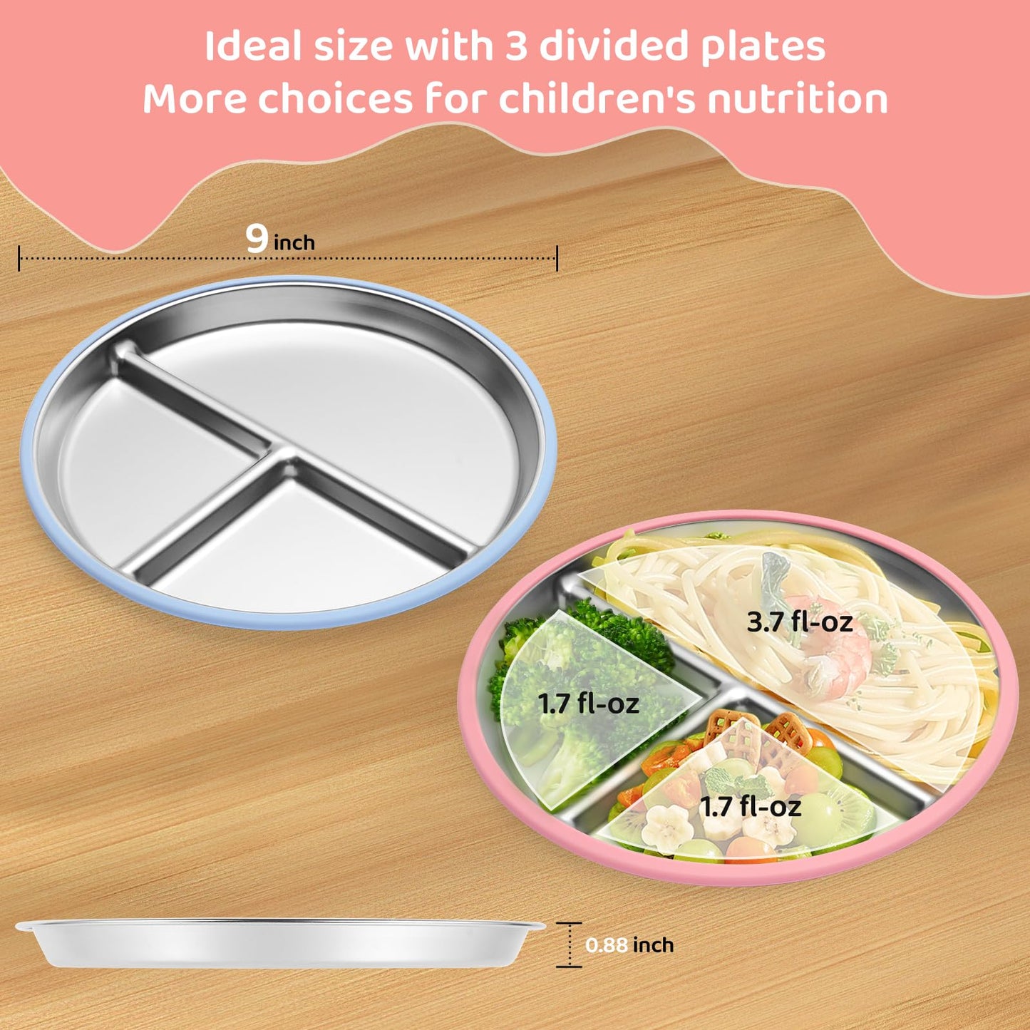 Stainless Steel Kids Plates, 2 Pcs Baby Silicone Suction Plate, 9" Divided Toddler Stainless Steel Plates, Non Toxic & BPA Free Non Slip, Dishwasher & Microwave Safe