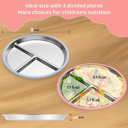 Stainless Steel Kids Plates, 2 Pcs Baby Silicone Suction Plate, 9" Divided Toddler Stainless Steel Plates, Non Toxic & BPA Free Non Slip, Dishwasher & Microwave Safe