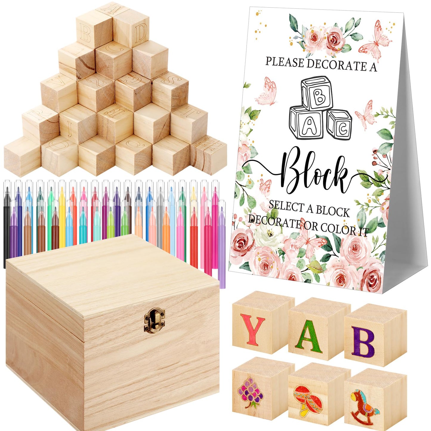 Marsui 136 Pcs Baby Shower Blocks to Decorate Game Kit Includes 98 Wooden Blocks, 36 Markers, 1 Game Sign, 1 Storage Box for Baby Shower Gender Reveal Activity Party Decorations(Pink Elephant)