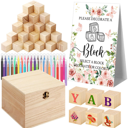 Marsui 136 Pcs Baby Shower Blocks to Decorate Game Kit Includes 98 Wooden Blocks, 36 Markers, 1 Game Sign, 1 Storage Box for Baby Shower Gender Reveal Activity Party Decorations(Pink Elephant)