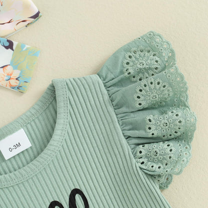 Hello World Newborn Outfit Baby Girl Going Home Outfit Ruffle Ribbed Romper Top Floral Pants Set Cute Summer Clothes