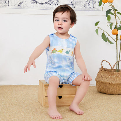 Baby Boy Summer Clothes Sleeveless Embroidery Dinosaur Striped Retro Romper Jumpsuit Smocked Shortall