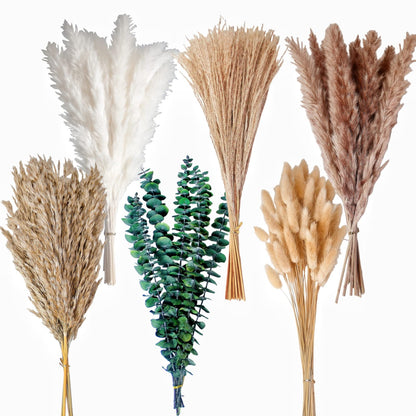 110 PCS of Boho Pampas Grass Decor, Naturally Dried Pompas, Bunny Tails Dried Flowers, and dried eucalyptus. Perfect for Weddings, Boho Party Decorations, and Table Decor.