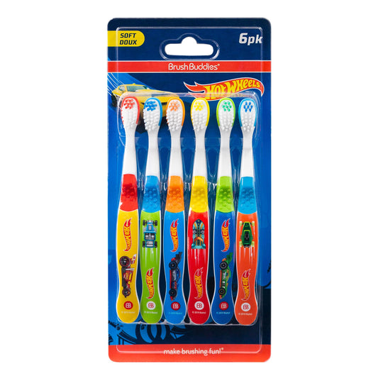Brush Buddies Hot Wheels Toothbrush for Kids, Kids Toothbrushes, Toothbrush Pack, Soft Bristles for Kids, Toddler Ages 2-4, 6PK