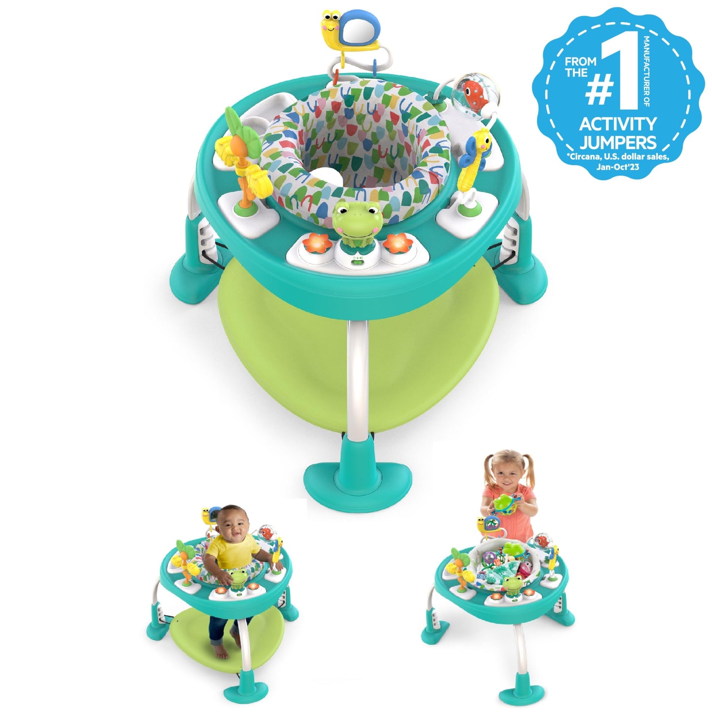 Bright Starts Bounce Bounce Baby 2-in-1 Activity Center Jumper & Table - Playful Pond (Green), 6 Months+