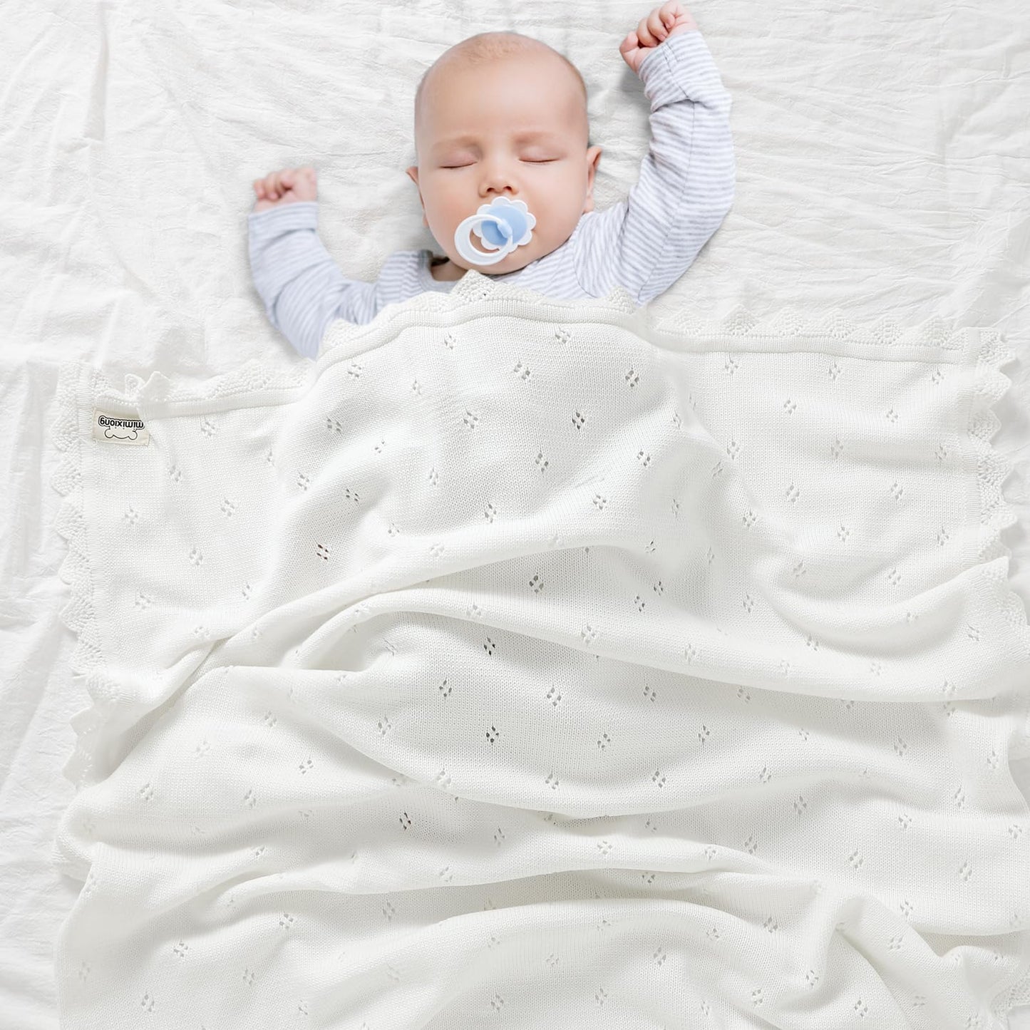 mimixiong Cotton Baby Blanket Knitted Crochet Receiving Crib Nursery Swaddling Blankets for Newborn Baby Boy Girl Off White 30x40 Inch