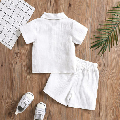 Toddler Baby Boy Linen Outfit Button Down Shirt Plain Shorts Cute Infant Newborn Photoshoot Clothes Summer 2Pcs Set