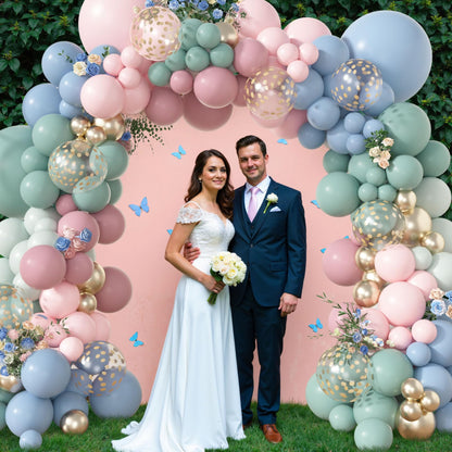 Amandir 173Pcs Pink Blue Green Balloon Arch Garland Kit, Dusty Baby Pink Mauve Pastel Mist Haze Green Blue Gold Confetti Balloons for Baby Shower Gender Reveal Wildflower Birthday Party Decorations