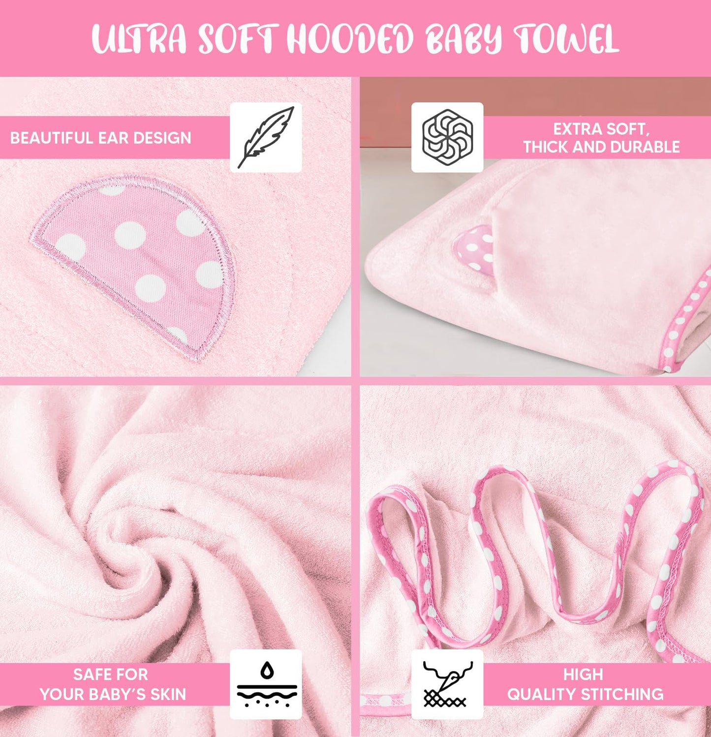 Set of 2 Hooded Baby Towels – White and Grey – Luxurious, Large and Super Absorbent – 30 x 30 Inch – Soft and Suitable for Infants, Toddlers and Kids – 400 GSM