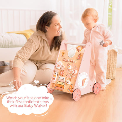ROBUD Wooden Baby Walker, Baby Push Walker with Activity Center and Storage, Montessori Walker Toy for Boys and Girls Learning to Stand and Walk, Pink