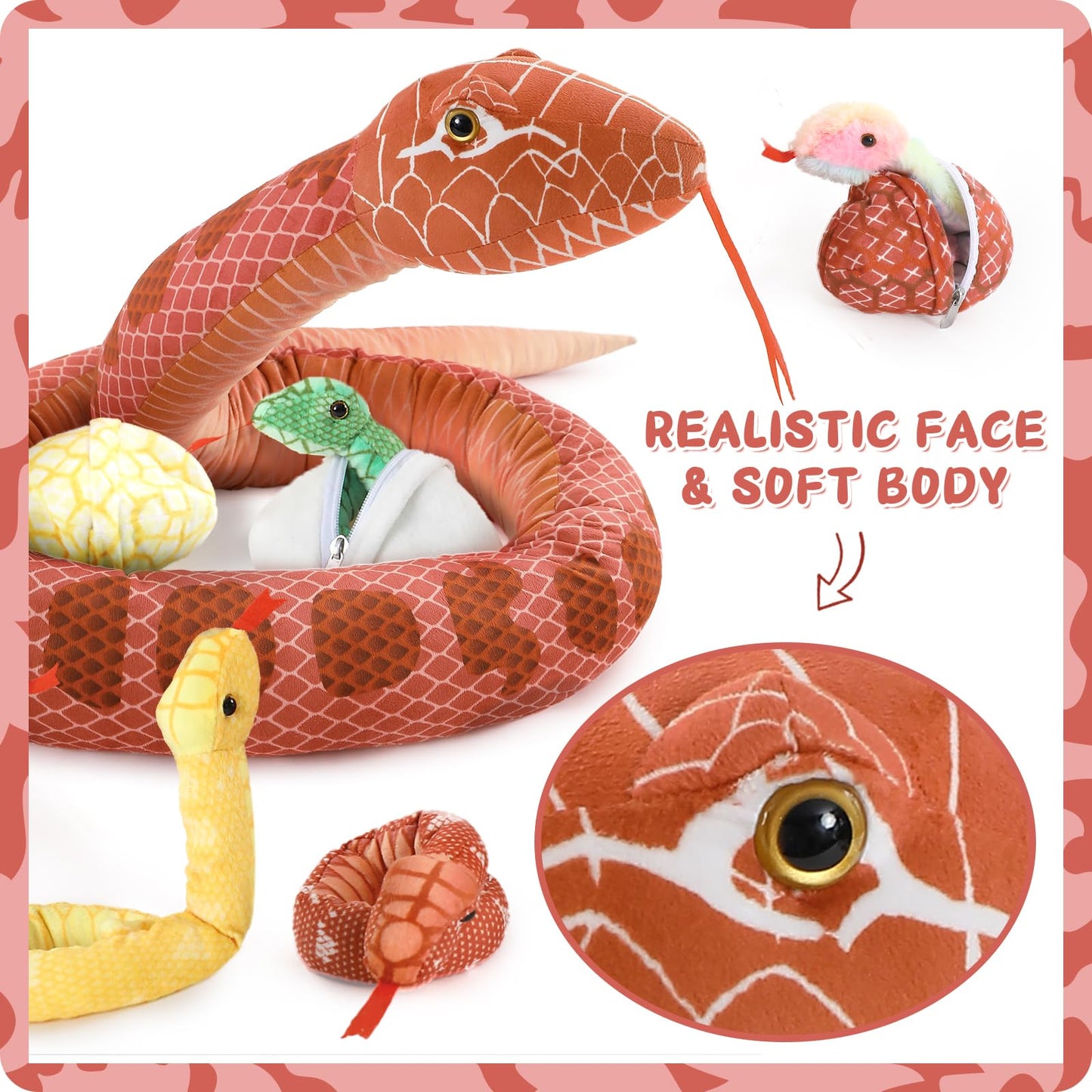 MorisMos Snake Stuffed Animals Plush Toy 120 Inch Giant Snake Plush with Babies Stuffed Snake Toys for Kids Plush Party Decorations Favors Prank Props, 4 Snake Babies, 3 Snake Eggs