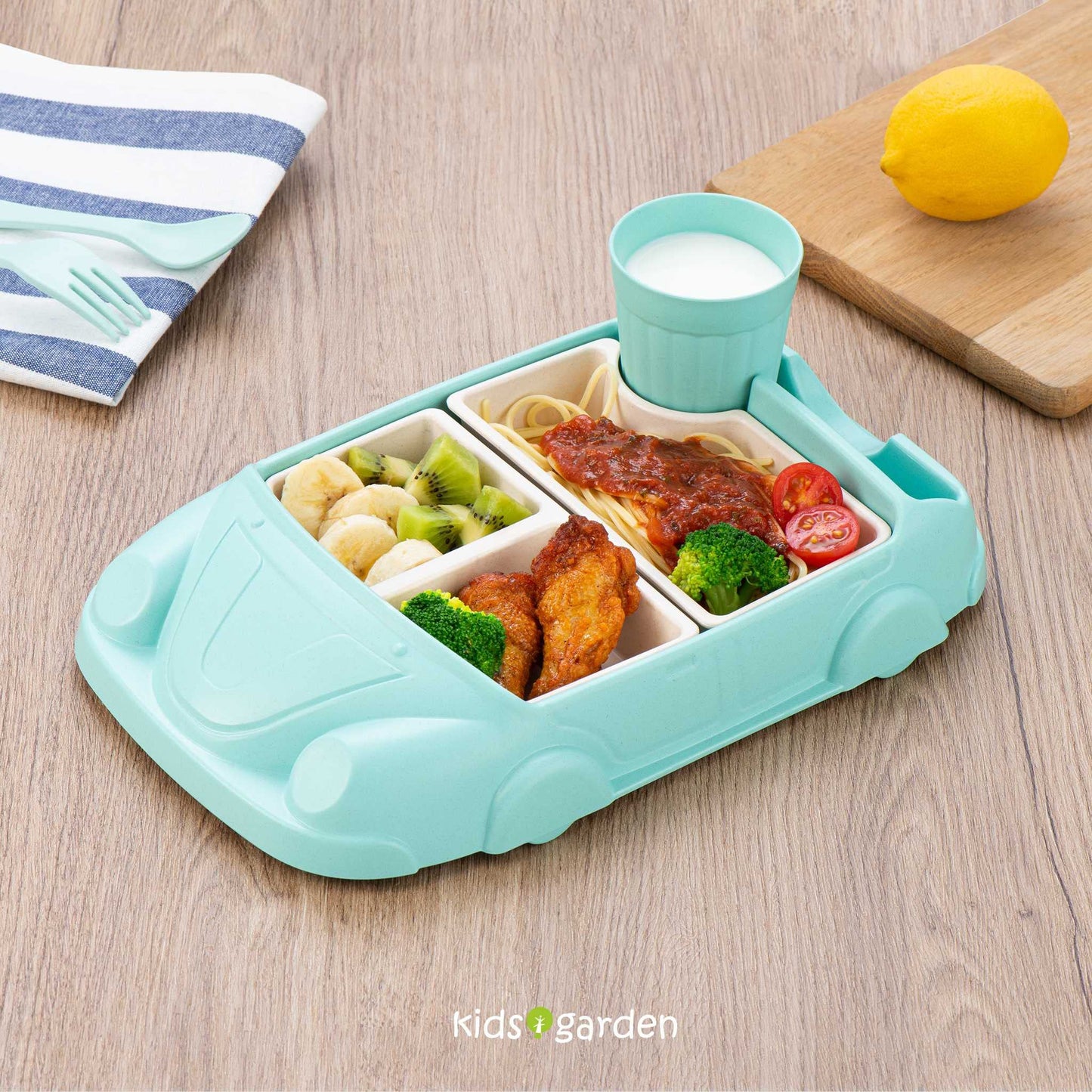 Car Plate 8Pcs/Set Bamboo Children Dinnerware Sets - Dishwasher/Microwave Safe Includes Cutlery, Beautiful Plate, Separable Bowls & Cup Happy MealTime, Light Green, YK-001